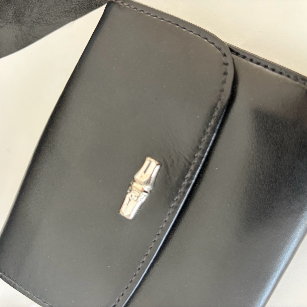 Longchamp Vintage Roseau Black Leather Wallet with Silver Bamboo Clasp